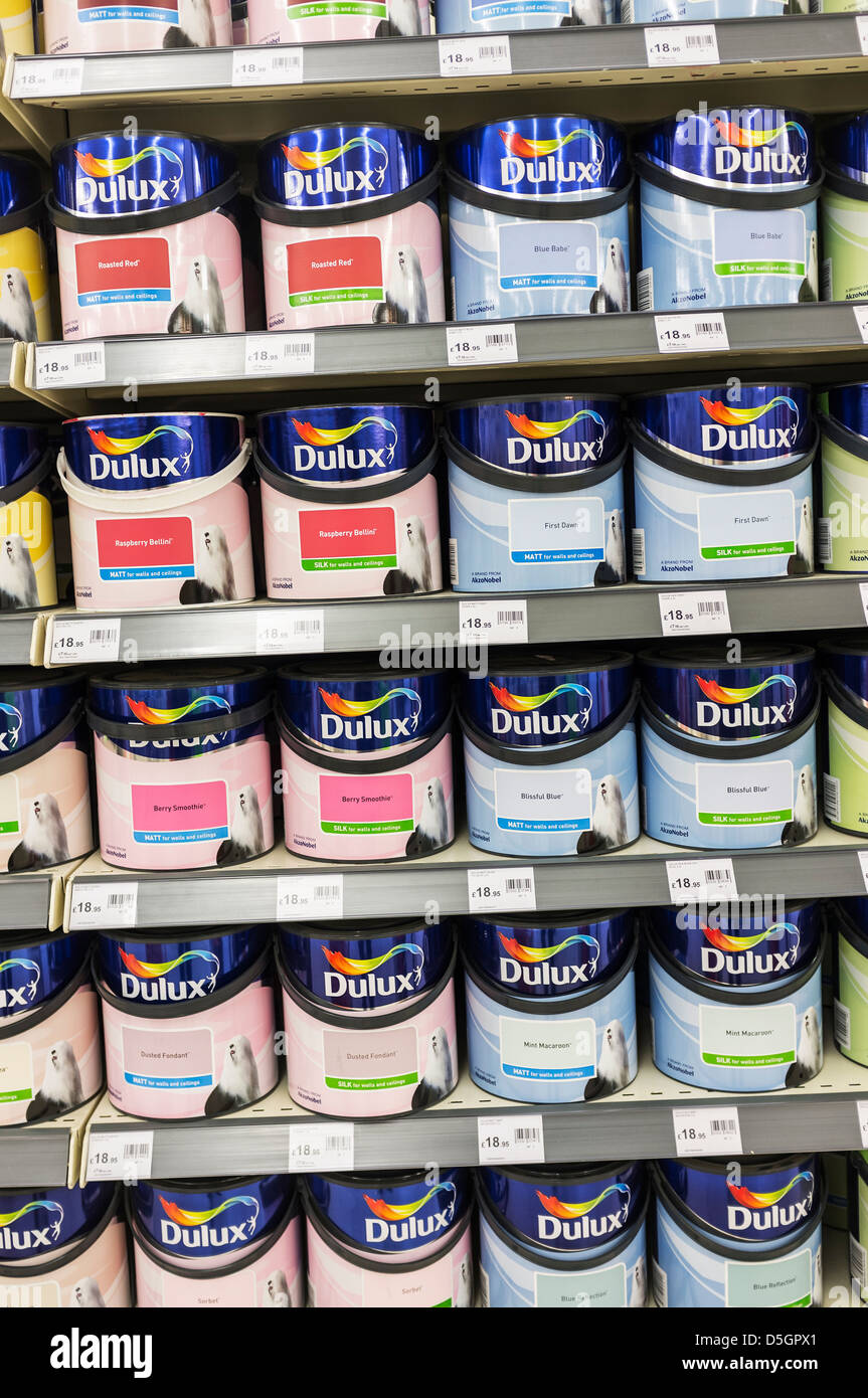 Gli scaffali pieni di barattoli di vernice Dulux. Foto Stock