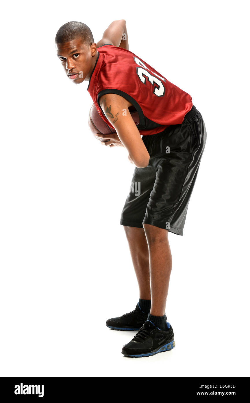African American giocatore di basket isolate su sfondo bianco Foto Stock