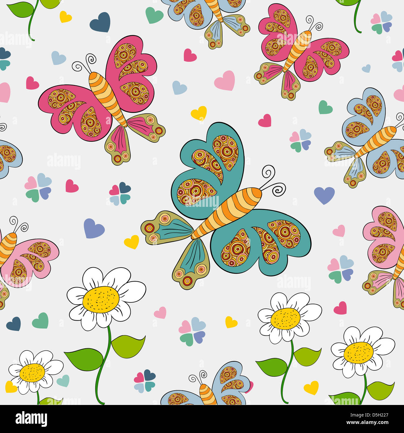 Il tempo primaverile seamless pattern con fiore e farfalla sfondo. Illustrazione Vettoriale stratificata per una facile manipolazione e colorazione personalizzata. Foto Stock
