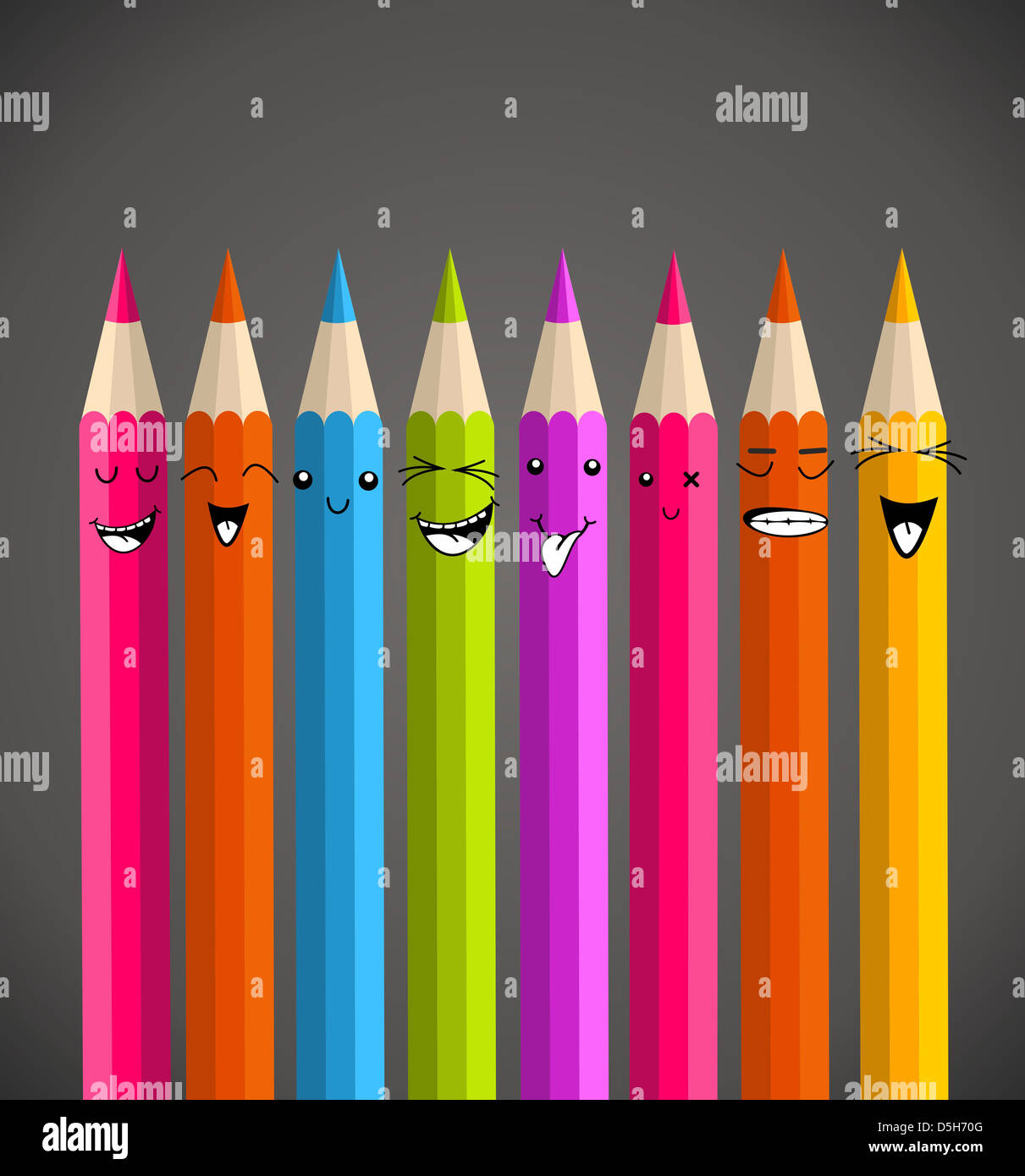 Arcobaleno colorato matita, faccia felice cartoon. Illustrazione Vettoriale stratificata per una facile manipolazione e colorazione personalizzata. Foto Stock
