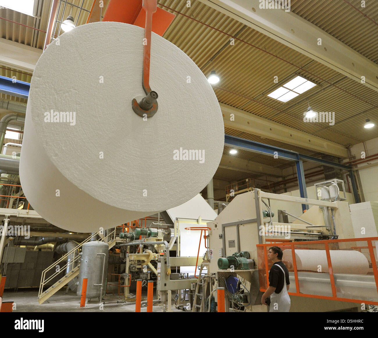 Una gru trasporta un 2,5-ton bobina di carta per essere personalizzato nel primo concerto GmbH in Falkenhagen, Germania, 16 febbraio 2010. Noi Glatfelter Company ha acquisito concerto GmbH e i suoi 400 dipendenti come un terzo ramo aziendale accanto a carte speciali e filtri compositi. Concerto è il principale produttore mondiale di alta di stesura ad aria di assorbimento di tessuto non tessuto. Foto: BERND SETTNIK Foto Stock