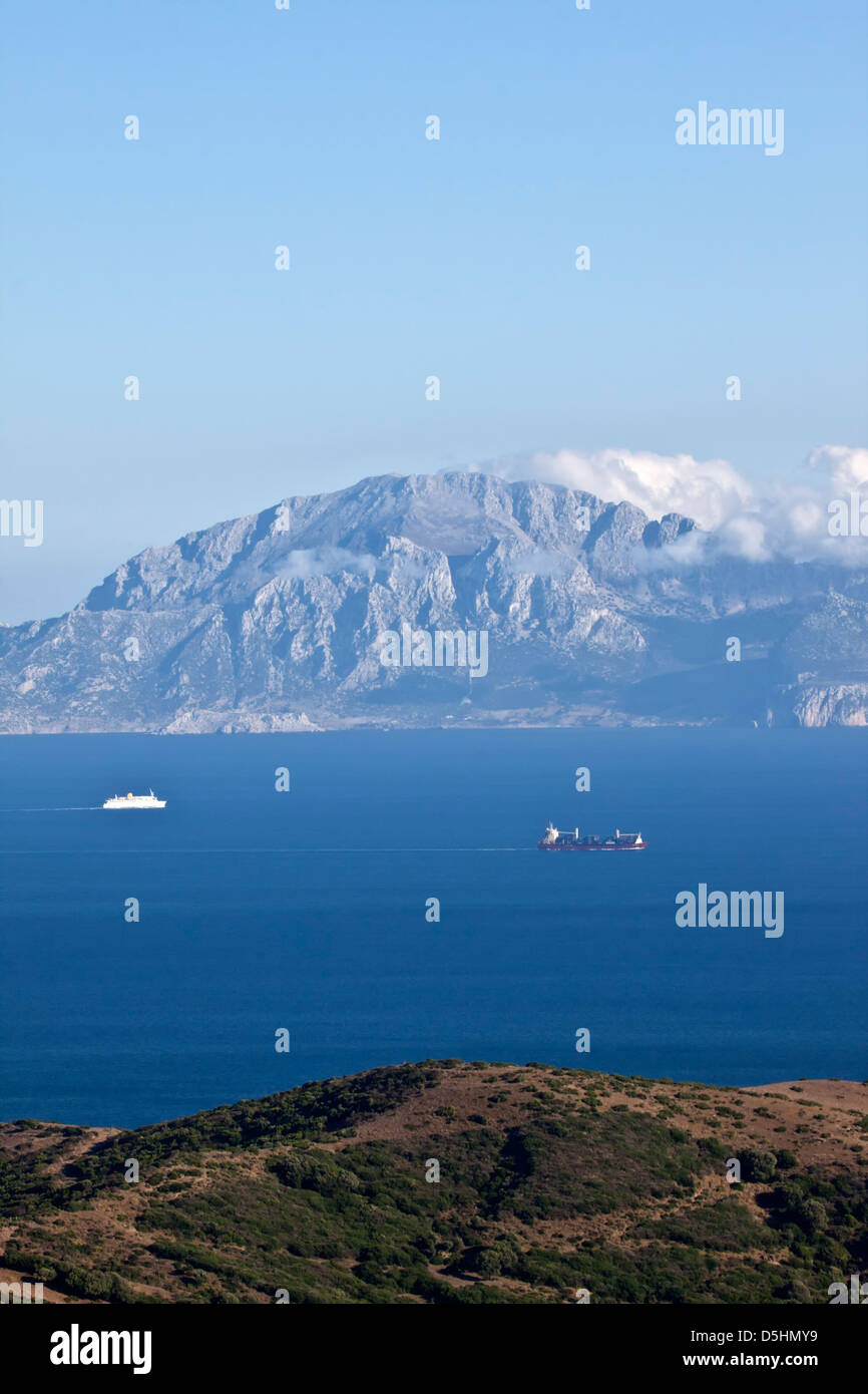 Costa africana del Marocco dal "Mirador del Estrecho" viste da Tarifa in Spagna meridionale. Foto Stock