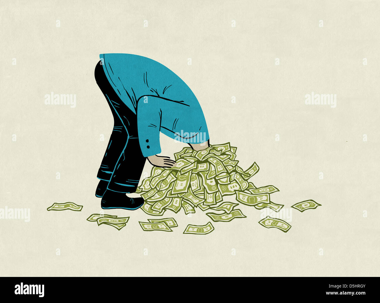 Immagine illustrativa di imprenditore il testa bloccata nel mucchio di denaro che rappresenta il debito Foto Stock