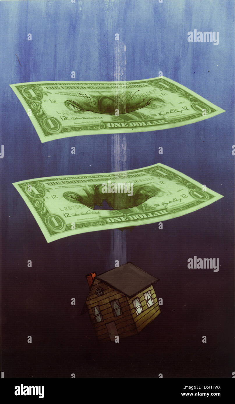 Immagine illustrativa della casa modello cadere attraverso le bollette di carta che rappresentano una perdita nel business immobiliare Foto Stock