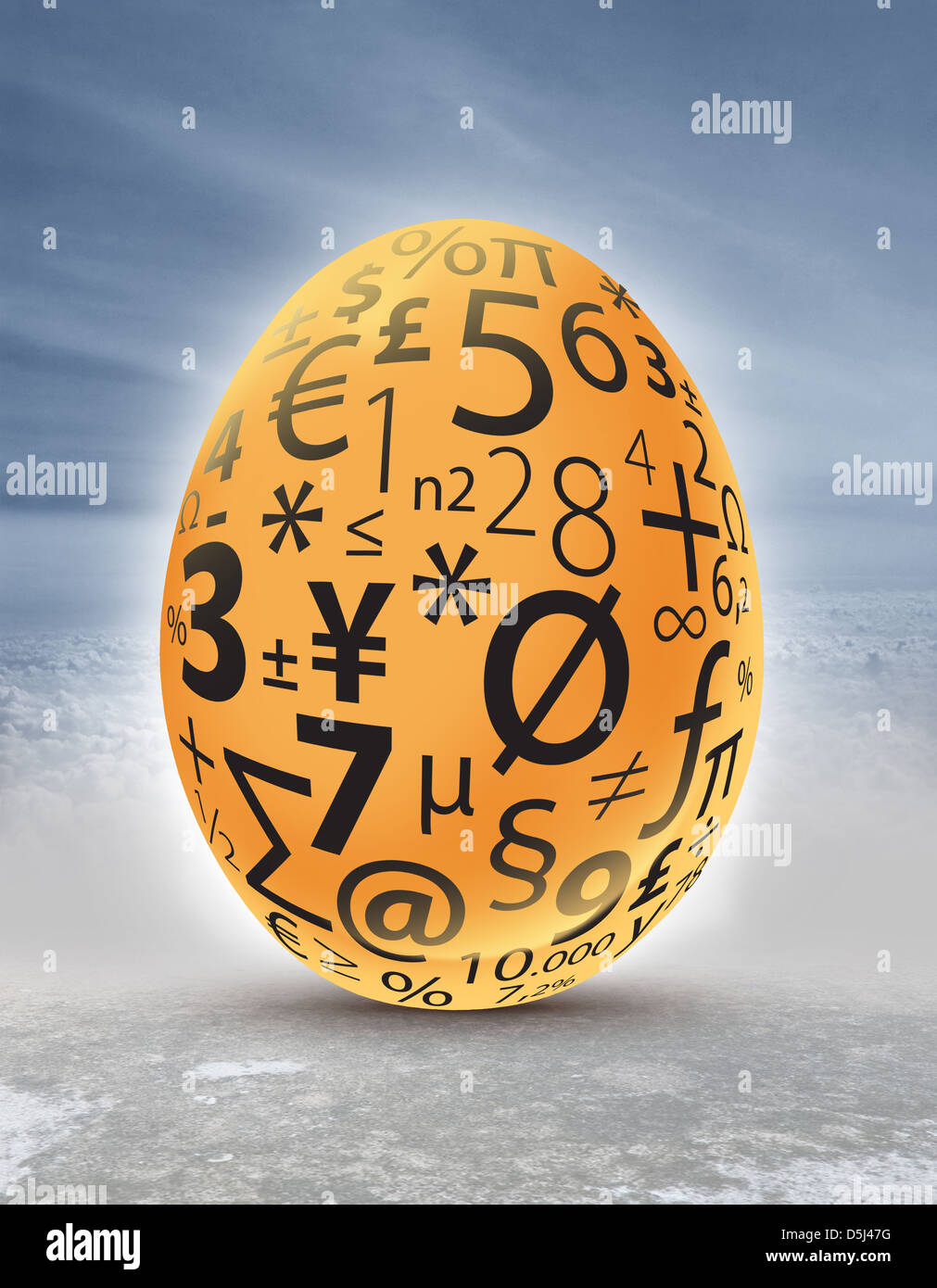 Immagine illustrativa del Golden Egg con moneta e simboli matematici che rappresentano gli investimenti e profitti Foto Stock