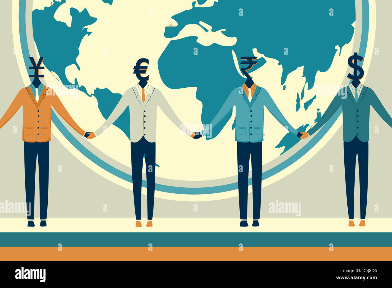 Immagine illustrativa di uomini di affari dei capi con vari simboli di valuta in rappresentanza di global business Foto Stock