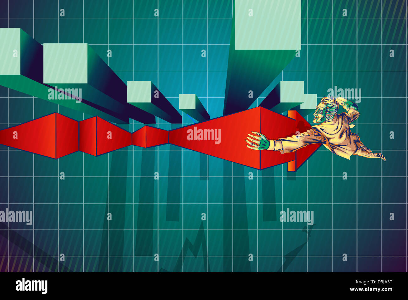Illustrazione di imprenditore di arrampicata segno di freccia dal grafico a barre che rappresenta il recupero di perdita Foto Stock