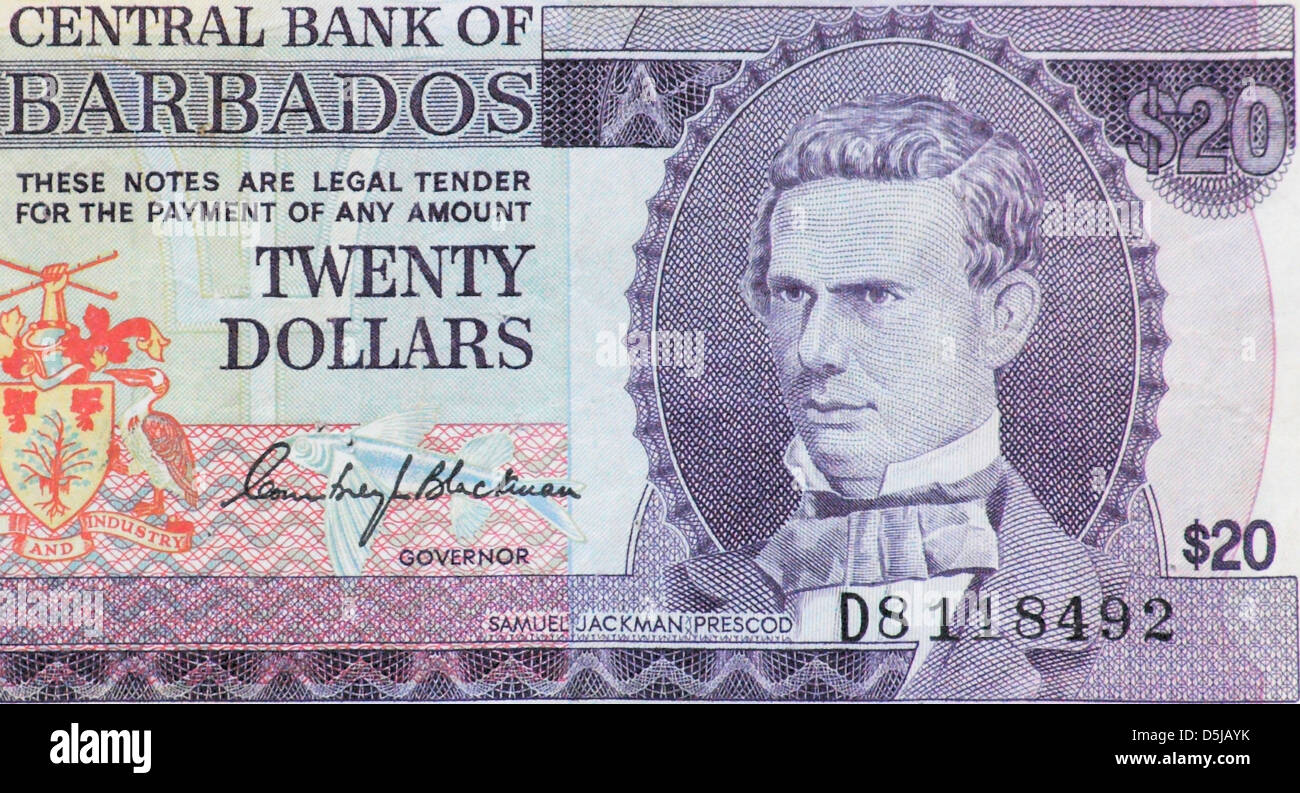 Barbados 20 venti dollari nota banca Foto Stock
