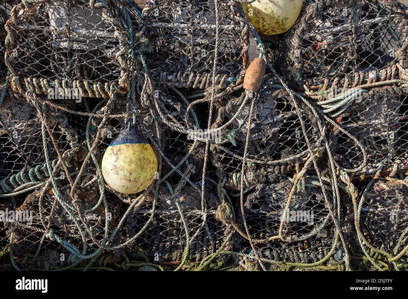 Lobster Pot corde e galleggianti cantre gabbie granchio pesce catture pesca pescatori conwy Foto Stock