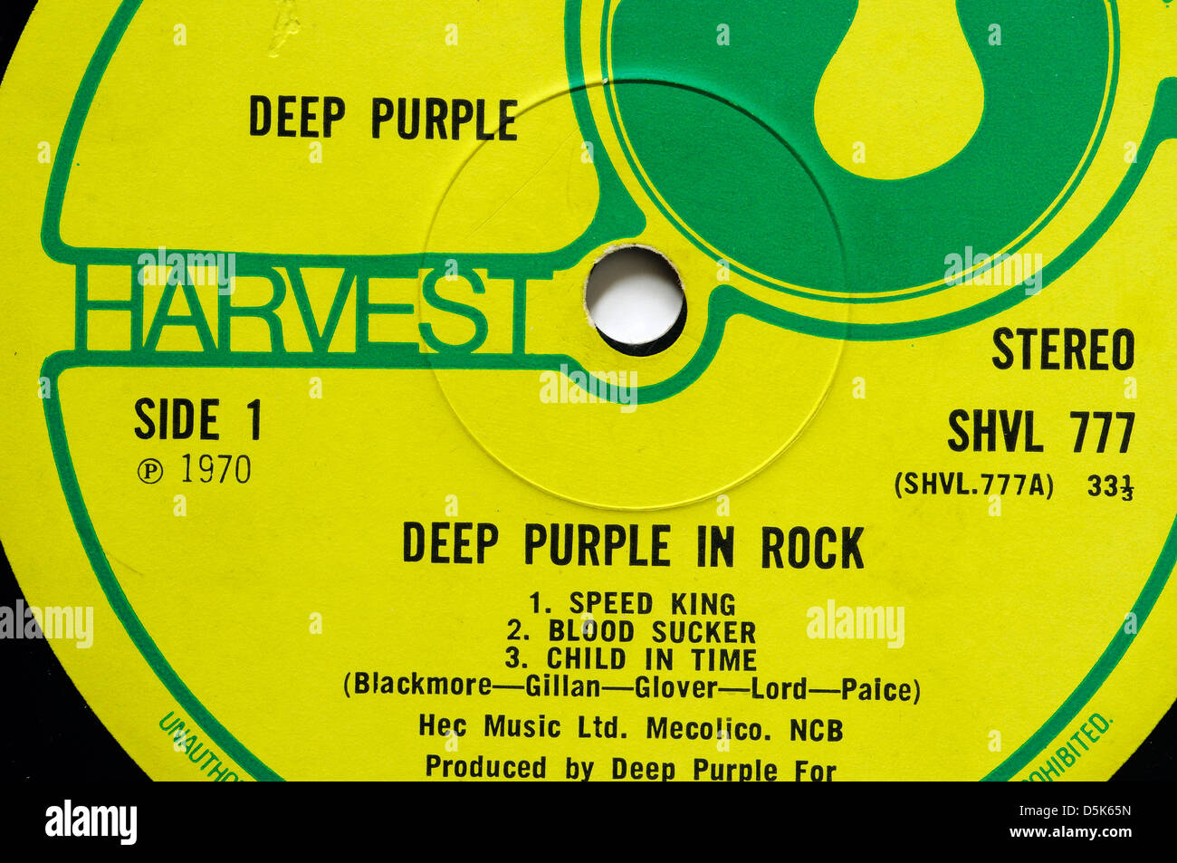 Deep Purple In Rock album etichetta, con piste classiche Re della velocità e il bambino nel tempo Foto Stock