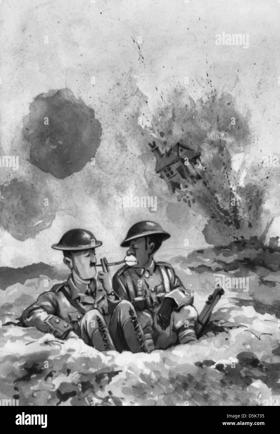 La crescita della democrazia - Nel mezzo di una battaglia di artiglieria volanti, due soldati dell'esercito britannico, uno bianco e nero nell'altro, sedersi in una trincea di accendere sigarette. In lontananza una casa esplode. Foto Stock