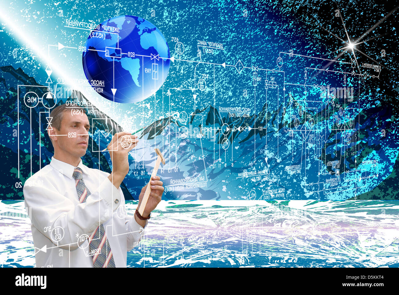 All'aperto, fantastica, bianco, serale e futuro, cosmico, montagne, ingegneria, progettazione, ciano, stella, notte, astronomia, schema, Foto Stock