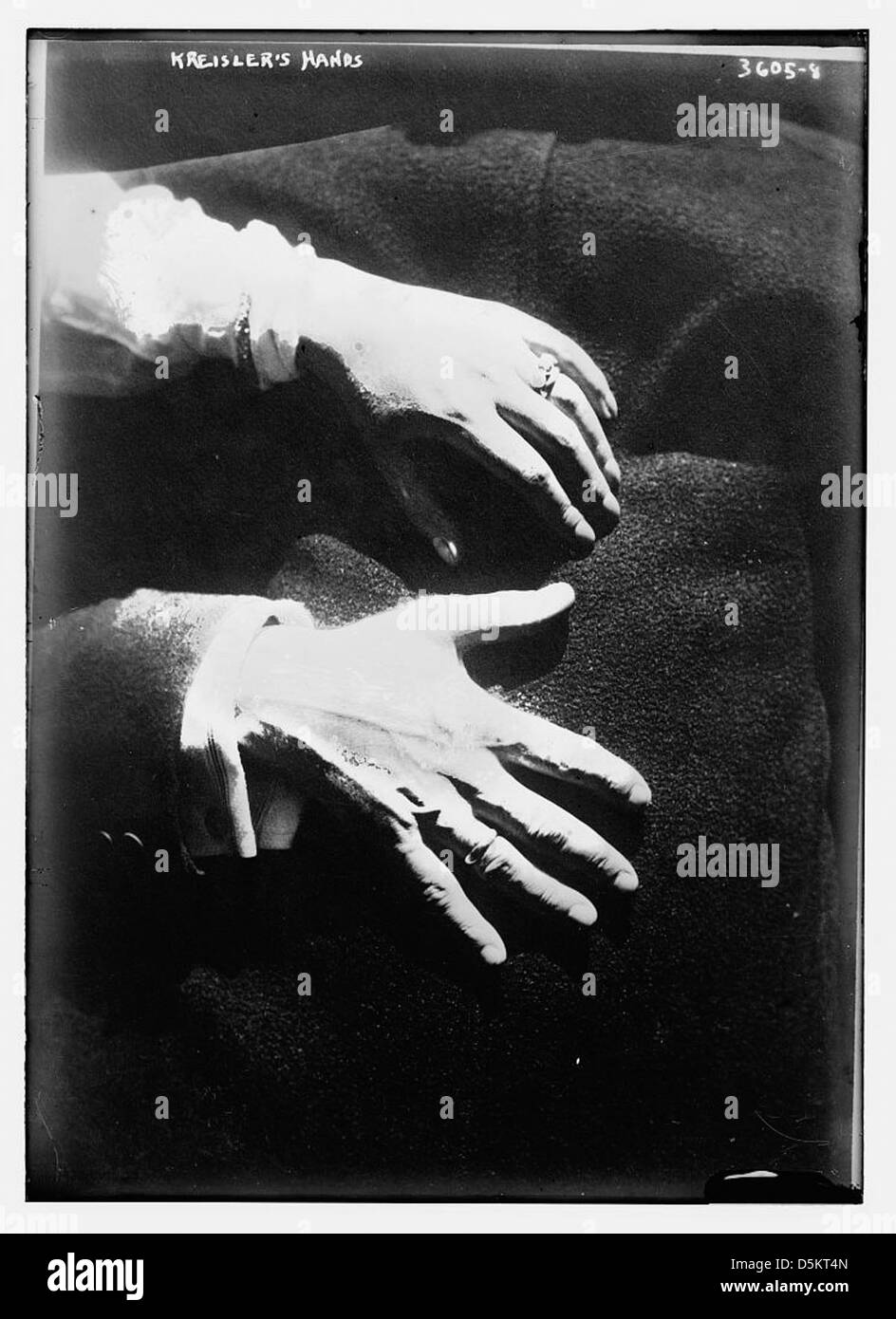 Un'immagine dettagliata delle mani del famoso violinista Fritz Kreisler, scattata in una fotografia. Il primo piano enfatizza la sua postura della mano, un elemento chiave nella sua tecnica di violino. Foto Stock