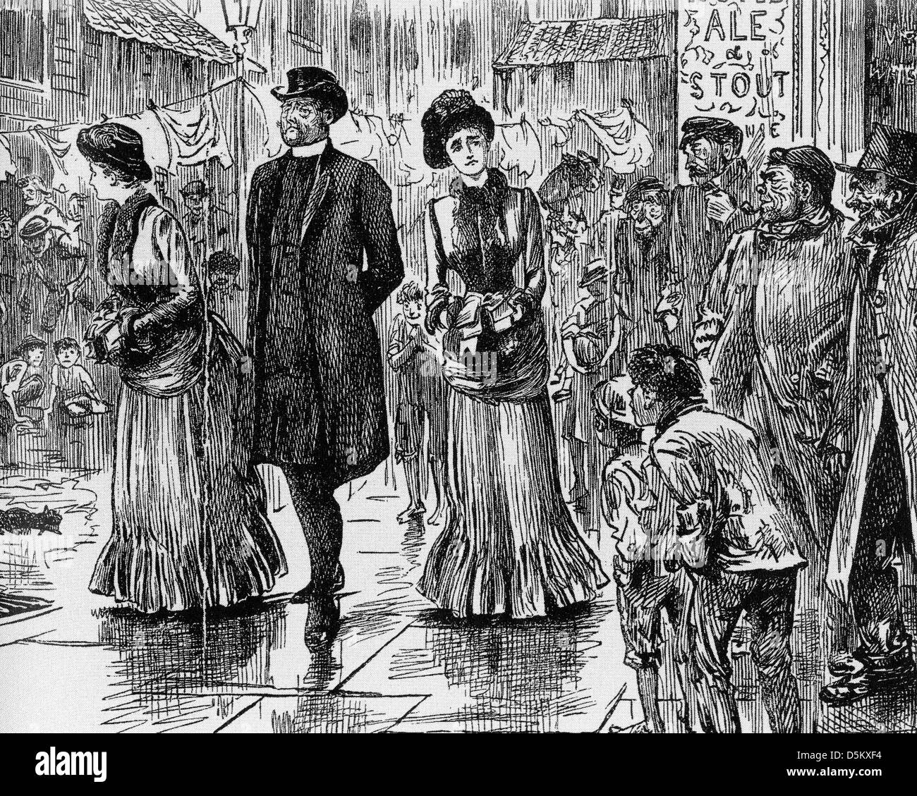 La povertà vittoriano di un chierico con sua moglie e sua sorella in mezzo ai poveri di East End di Londra Foto Stock