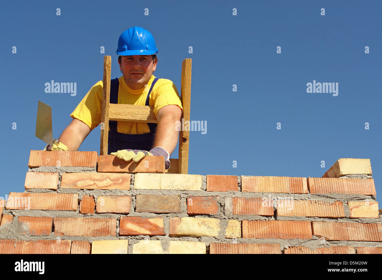 Mason la costruzione di un muro di mattoni in piedi sulla scaletta di legno Foto Stock