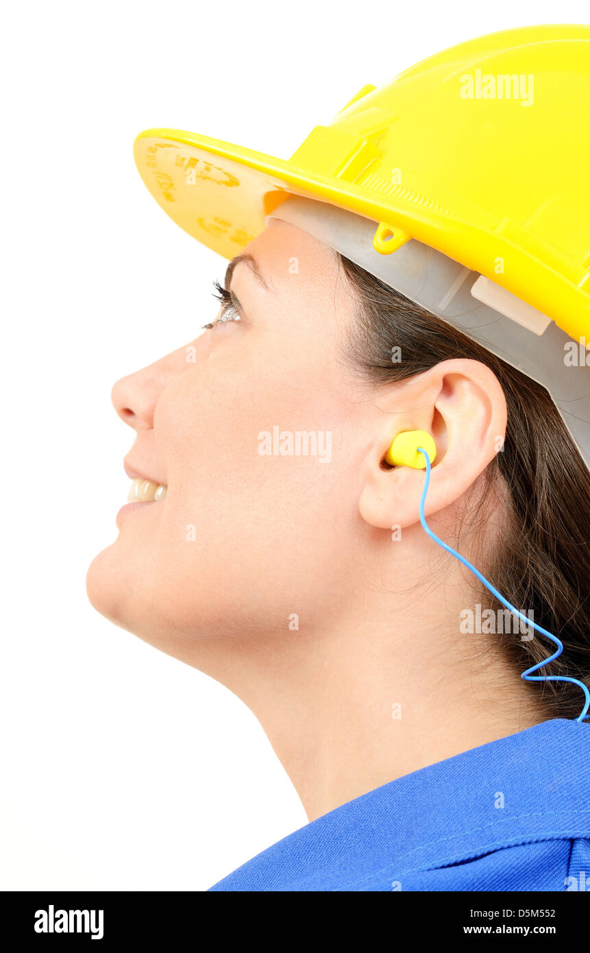 Donna con equipaggiamento protettivo e i tappi per le orecchie Foto stock -  Alamy