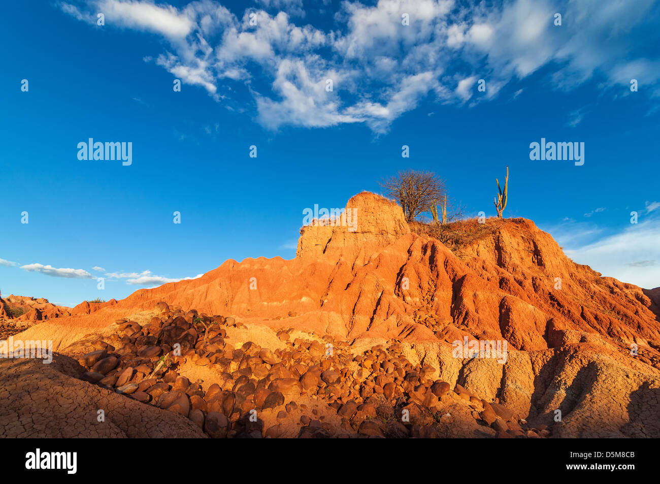 Red Hill in un deserto con grandi rocce sparse intorno alla base in Huila, Colombia Foto Stock