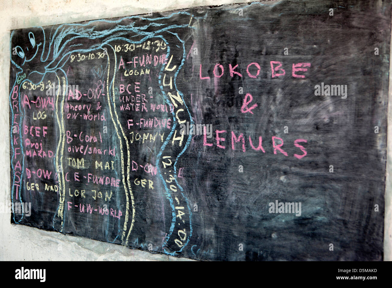 Madagascar Nosy Be, Marodokana, Funzionamento Wallacea, quotidiana attività calendario lavagna Foto Stock