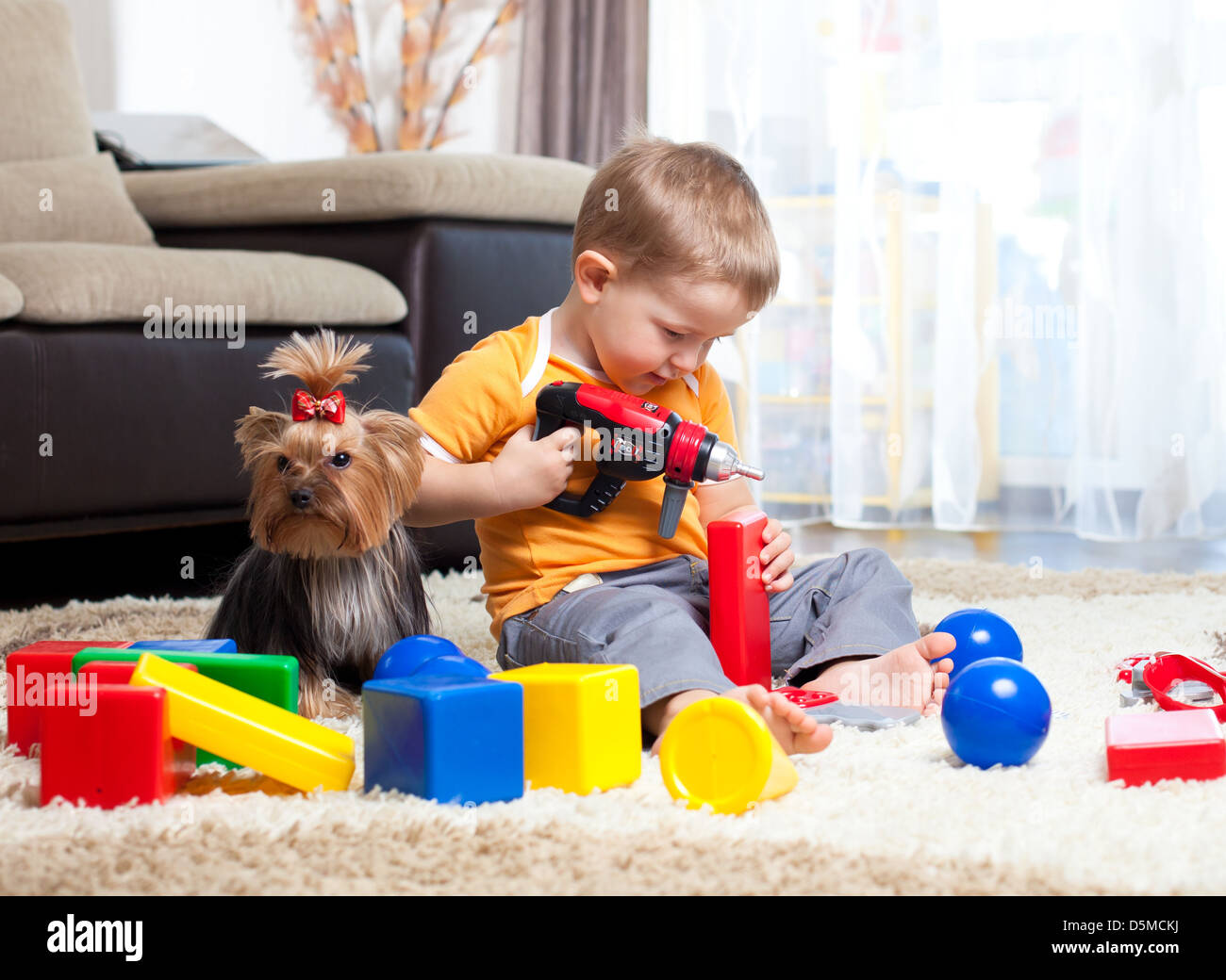 Bambino che gioca con la costruzione di blocchi a casa. York dog sitter vicino al ragazzo. Foto Stock