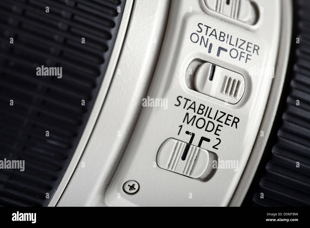 Dettaglio dell'interruttore di stabilizzatore a lungo lenti foto Foto Stock