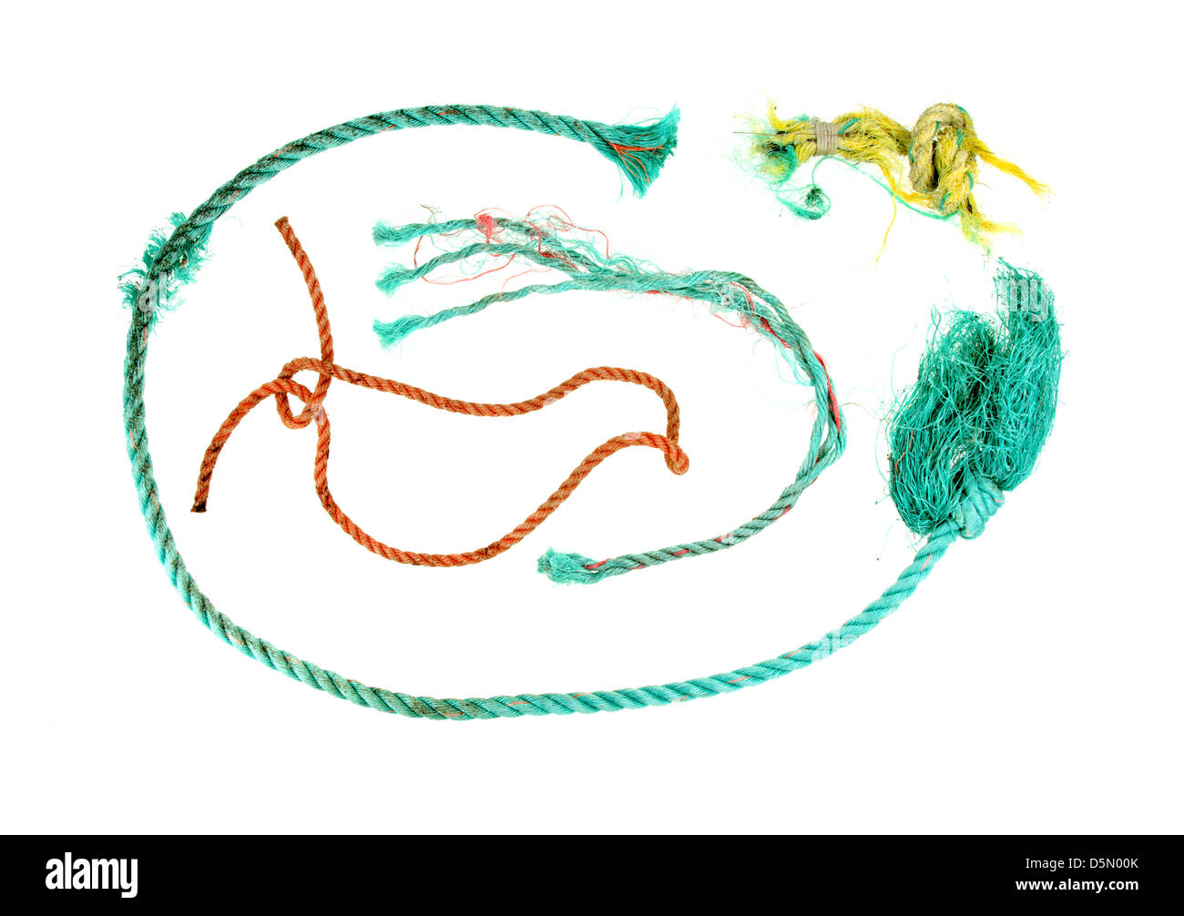 Pezzi di fune in nylon utilizzato per fissare il lobster trap, trovati sulle spiagge dell'isola di Mount Desert, Maine Foto Stock