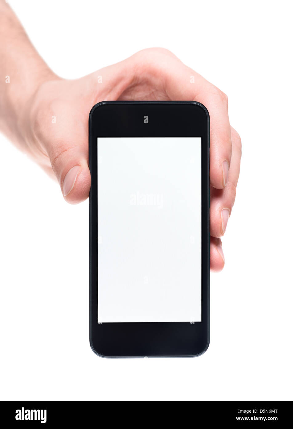Gli uomini la mano che sorregge e mostrando moderno mobile smartphone con schermo vuoto. Isolato su sfondo bianco. Foto Stock