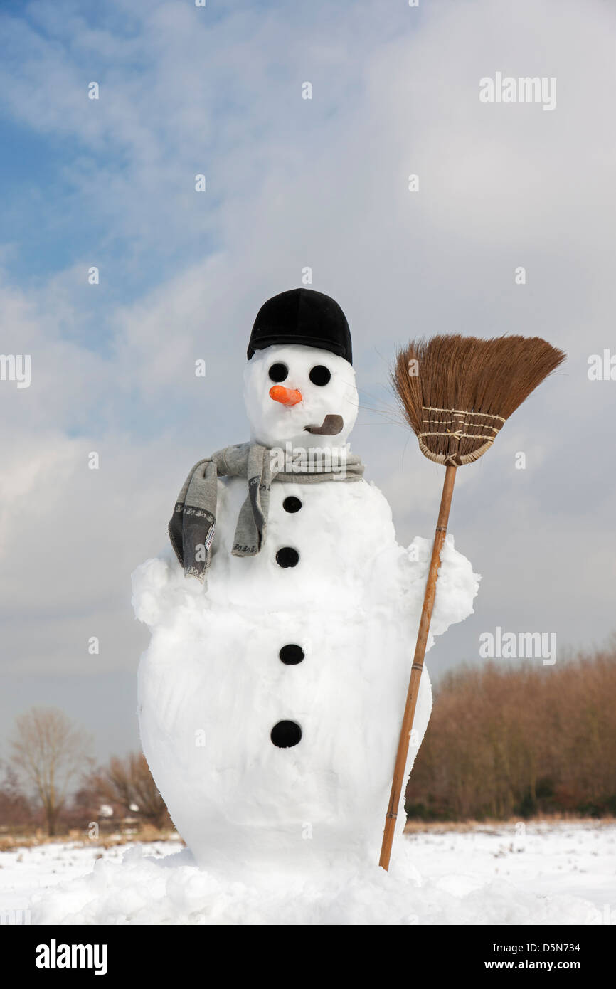 Decorate felice pupazzo di neve con la carota naso, cappello, tubo, sciarpa e ginestra nella neve in inverno Foto Stock