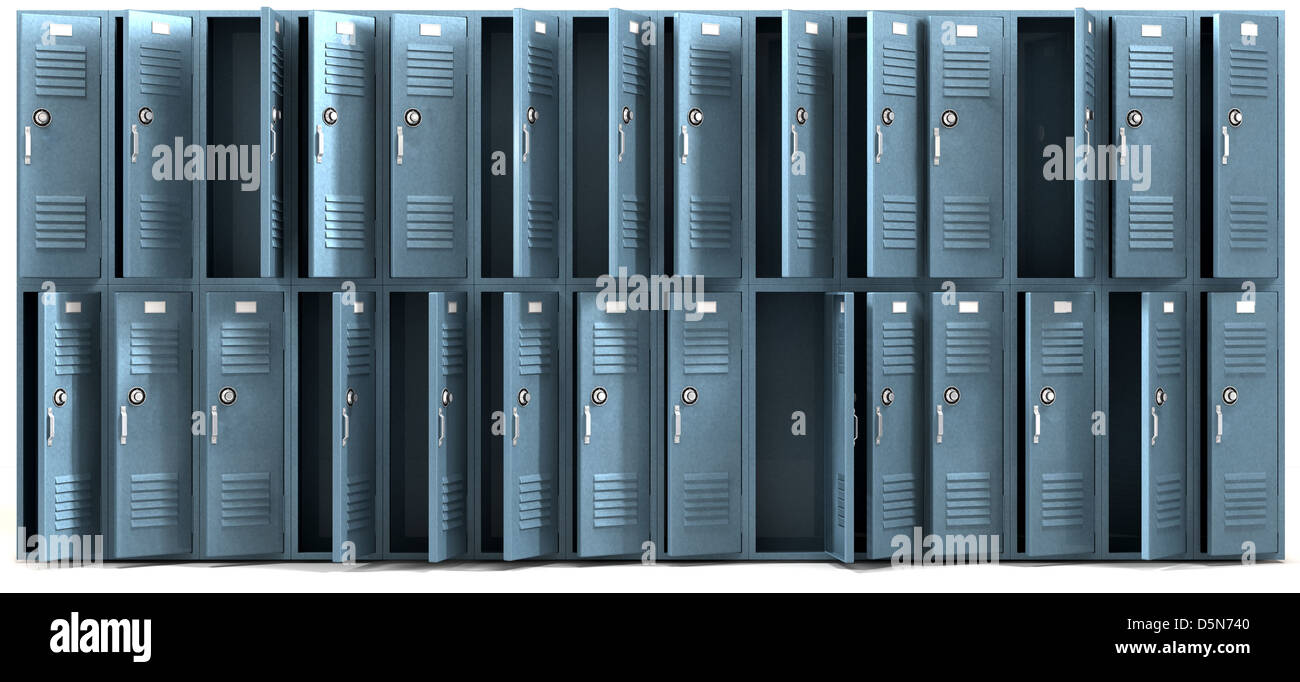 Una vista in prospettiva di una pila di saccheggio blu scuola di metallo armadietti con serratura a combinazione e di aprire le porte su un isolato backgr Foto Stock