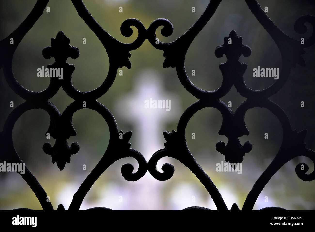 Una croce al cimitero di amicizia in Columbus, Mississippi, è incorniciata da alcuni arbusti ornamentali Lavori in ferro. Foto Stock