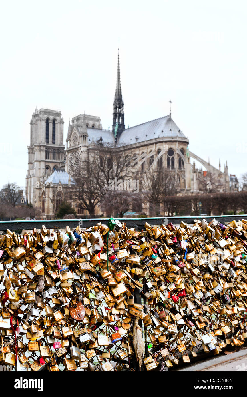 Pont de l'Archeveche con amore i lucchetti e la cattedrale di Notre Dame de Paris Foto Stock