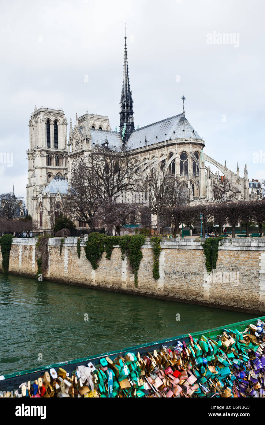 Pont de l'Archeveche con amore i lucchetti e la cattedrale di Notre-dame de Paris Foto Stock