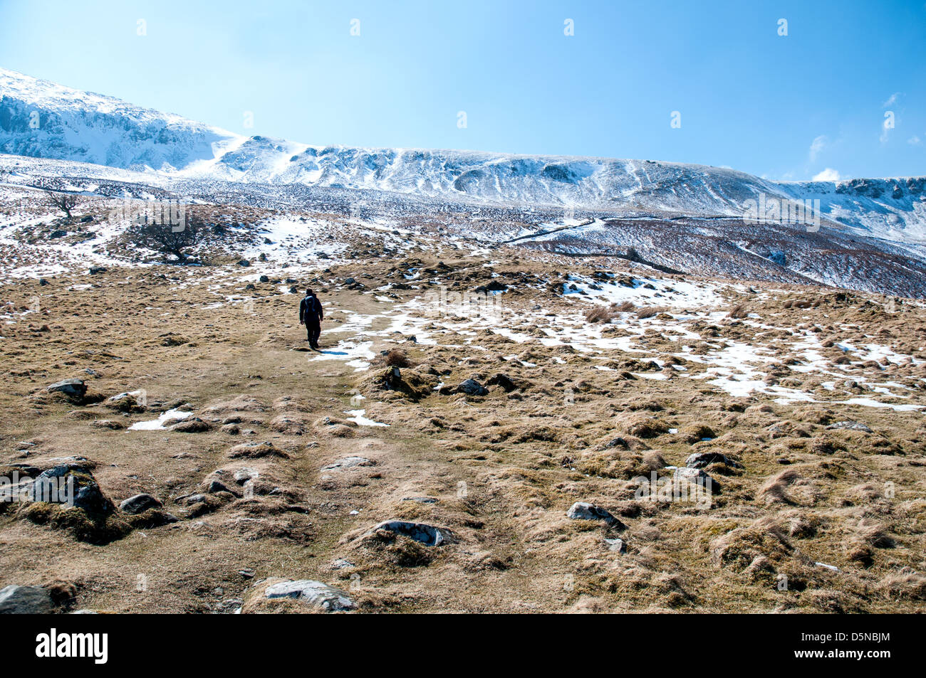 Sentiero innevato fino cader idris. fino a venire è la sella a cui si accede tramite il percorso di pony. Foto Stock