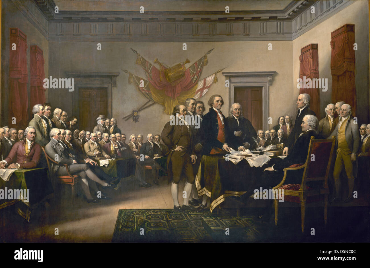 Dichiarazione Americana di Indipendenza. 1819 Dipinto di John Trumbull mostra comitato di redazione presentando il loro lavoro al congresso Foto Stock