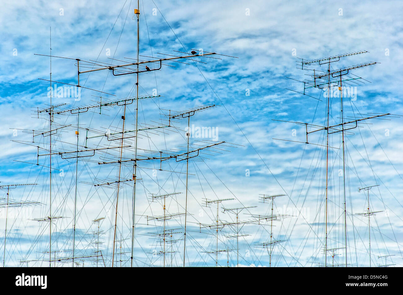 Una raccolta della televisione analogica antenne impostata su uno sfondo di cielo blu e nuvole whispy. Foto Stock