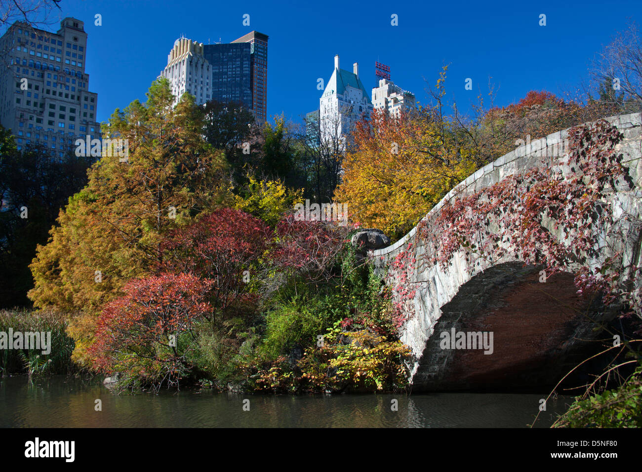 Caduta delle Foglie GAPSTOW BRIDGE POND CENTRAL PARK SOUTH MANHATTAN NEW YORK CITY USA Foto Stock