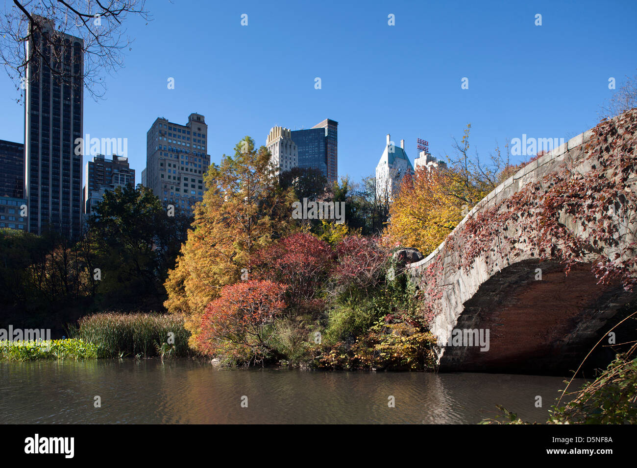 Caduta delle Foglie GAPSTOW BRIDGE POND CENTRAL PARK SOUTH MANHATTAN NEW YORK CITY USA Foto Stock