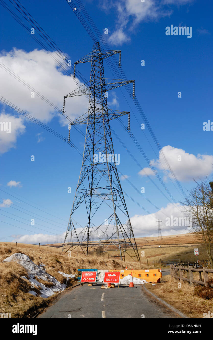 Elettricità tralicci attraversando un altopiano di ormeggiare in prossimità del Lancashire / confine dello Yorkshire. Foto Stock