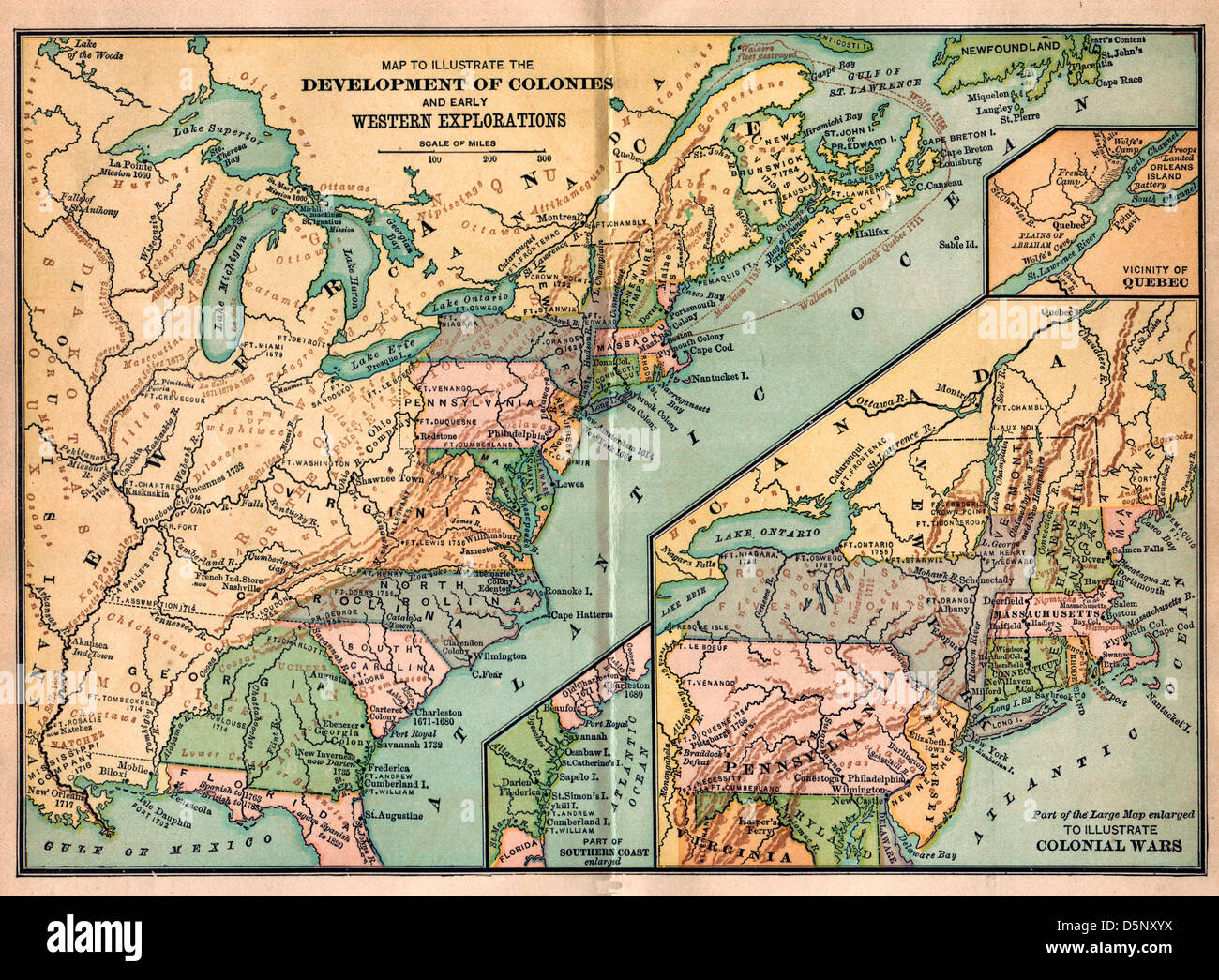 Vintage mappa degli Stati Uniti d'America - sviluppo di colonie e Western di esplorazione e di Guerre Coloniali Foto Stock