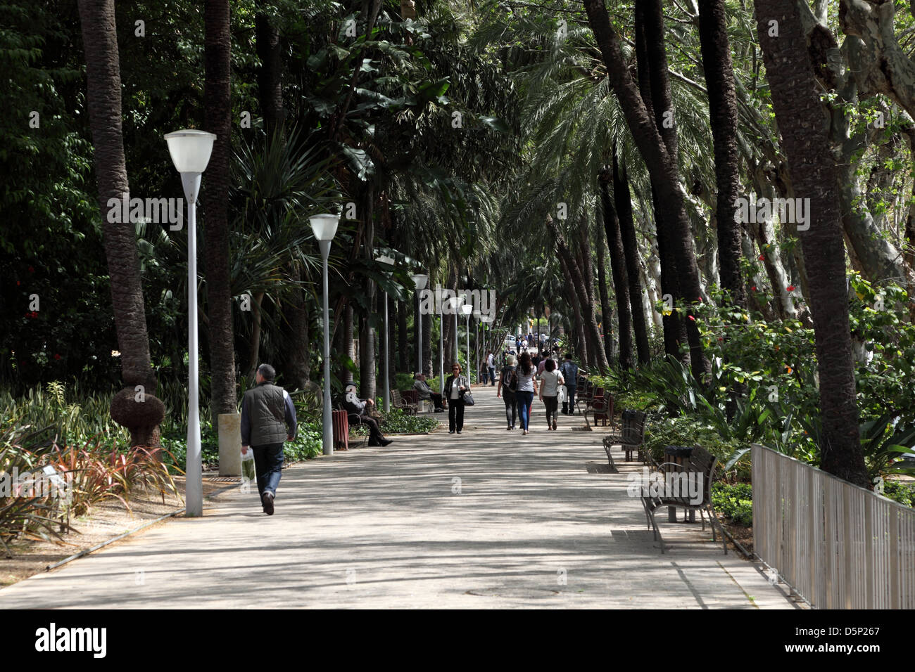 Persone che passeggiano nel parco della città lungo il Paseo del Parque a Malaga, Andalusia Spagna Foto Stock