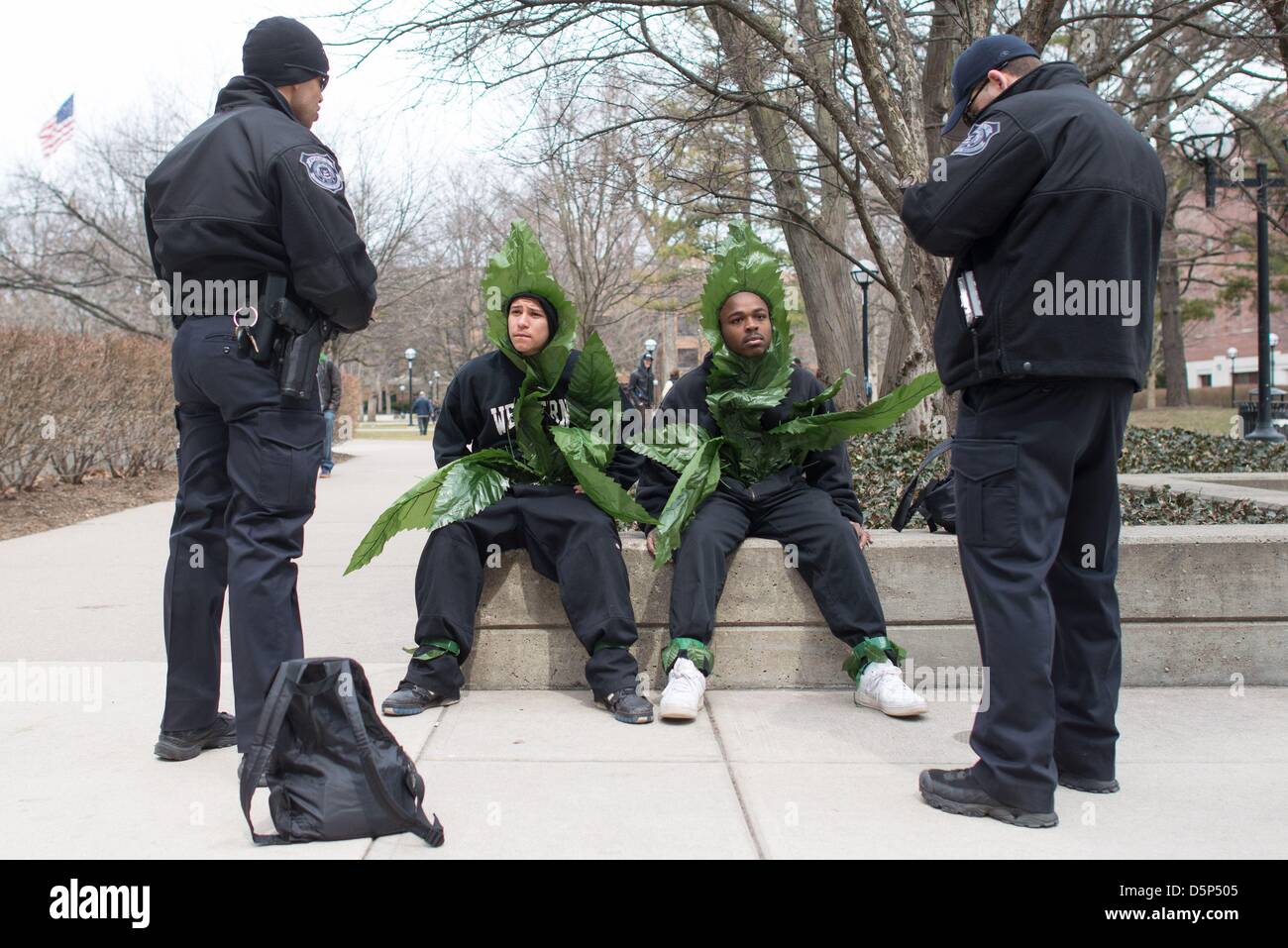 Ann Arbor, Michigan, Stati Uniti d'America, 6 Aprile, 2013. University of Michigan polizia detenere e rilasciati visti due uomini vestiti come foglie di marijuana durante l'annuale quarantaduesima pro-legalizzazione della marijuana rally Hash Bash. (Immagine di credito: credito: Courtney Sacco/ZUMAPRESS.com/Alamy Live News) Foto Stock