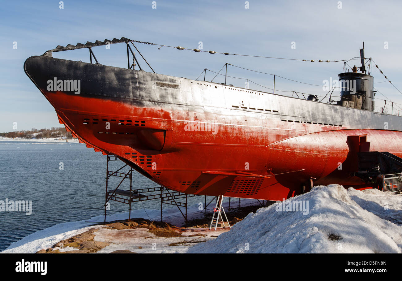 Museo sommergibile Vesikko visualizza una insolita combinazione di colori con un rivestimento di primer di vernice soltanto a questo stadio del suo rinnovo. Foto Stock