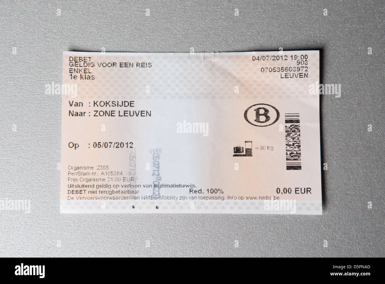 Trainticket belga Foto Stock