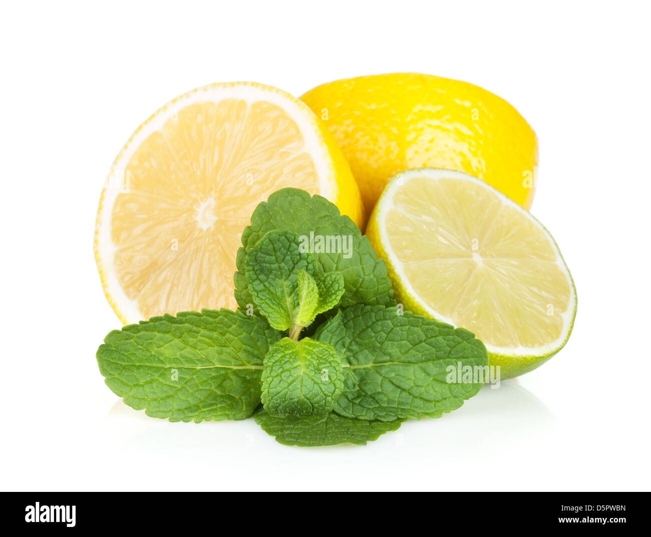 Fresco di limone e foglie di menta. Isolato su sfondo bianco Foto Stock