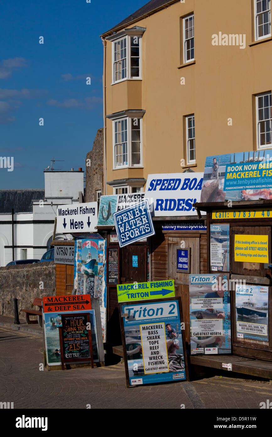 Gite in barca pubblicizzati su schede, tenby Harbour, Wales UK Foto Stock
