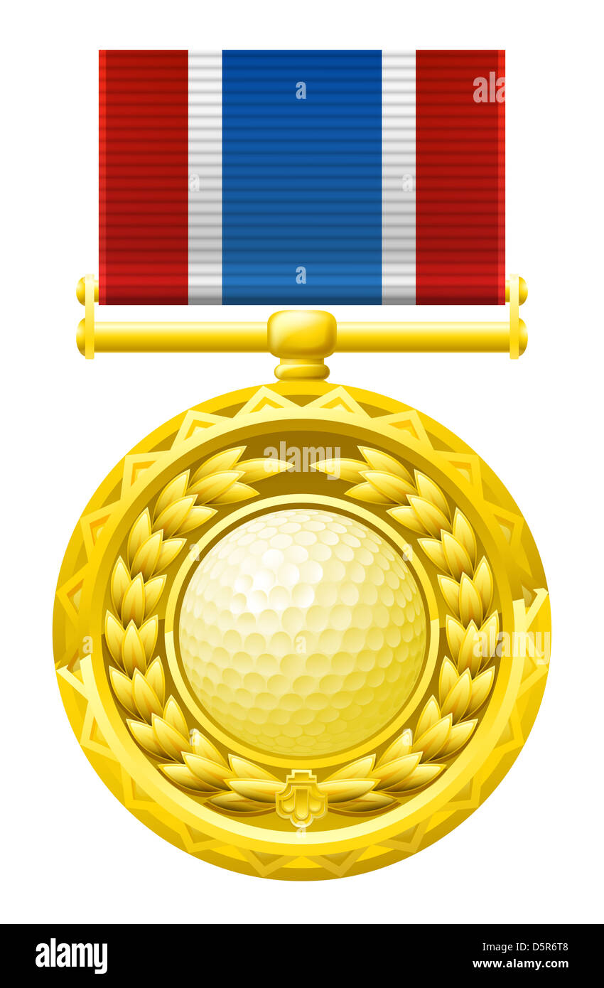 Un oro vincitori medaglia con una corona di alloro e la pallina da golf illustrazione. Foto Stock