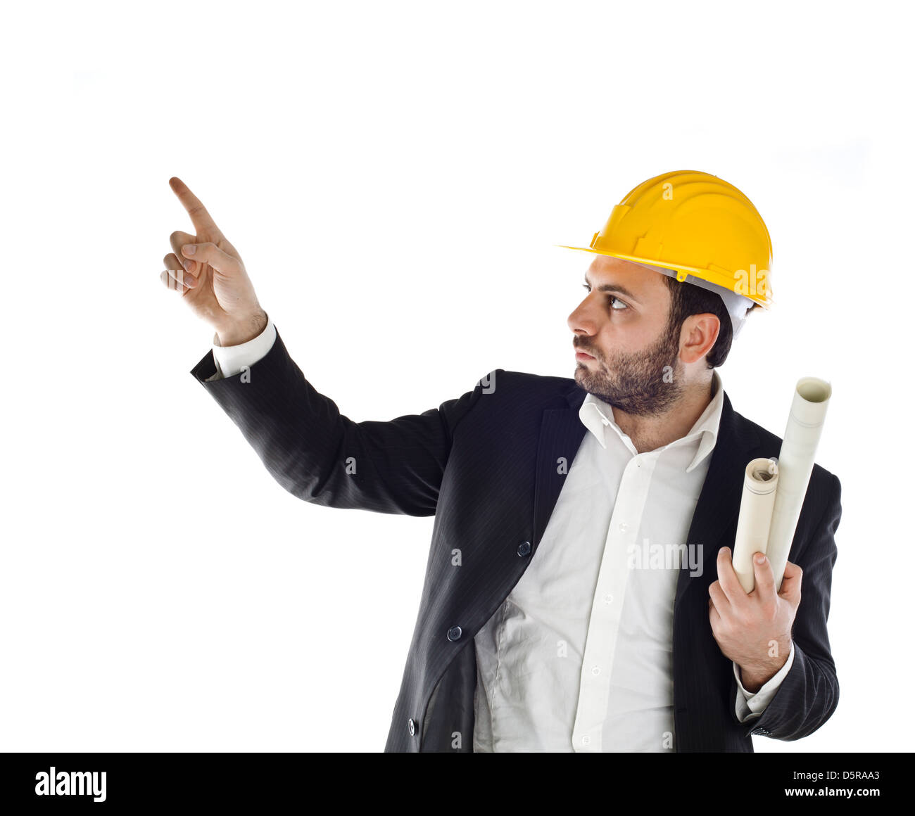 Un ingegnere bello puntando su sfondo bianco Foto Stock