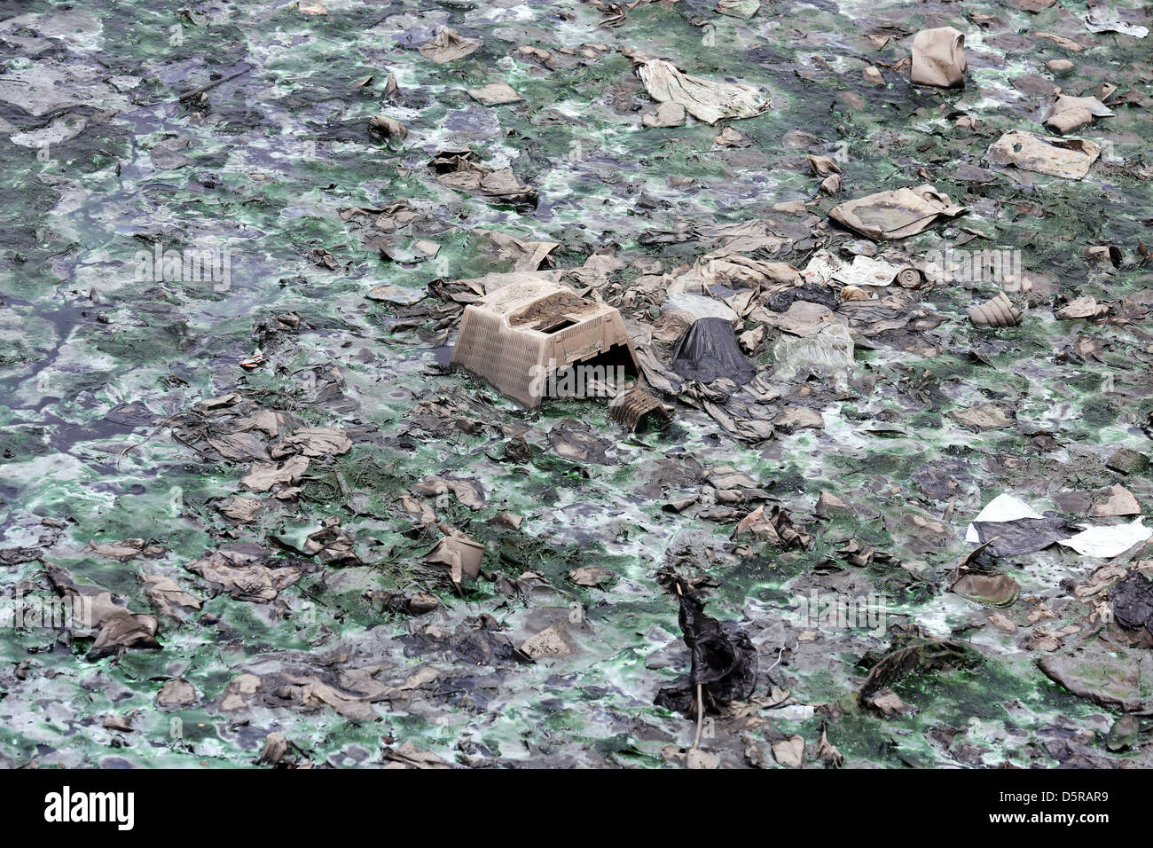 I monitor dei computer, di rifiuti elettronici e di altri rifiuti oggetto di dumping nelle acque della laguna di Accra, in Ghana Foto Stock