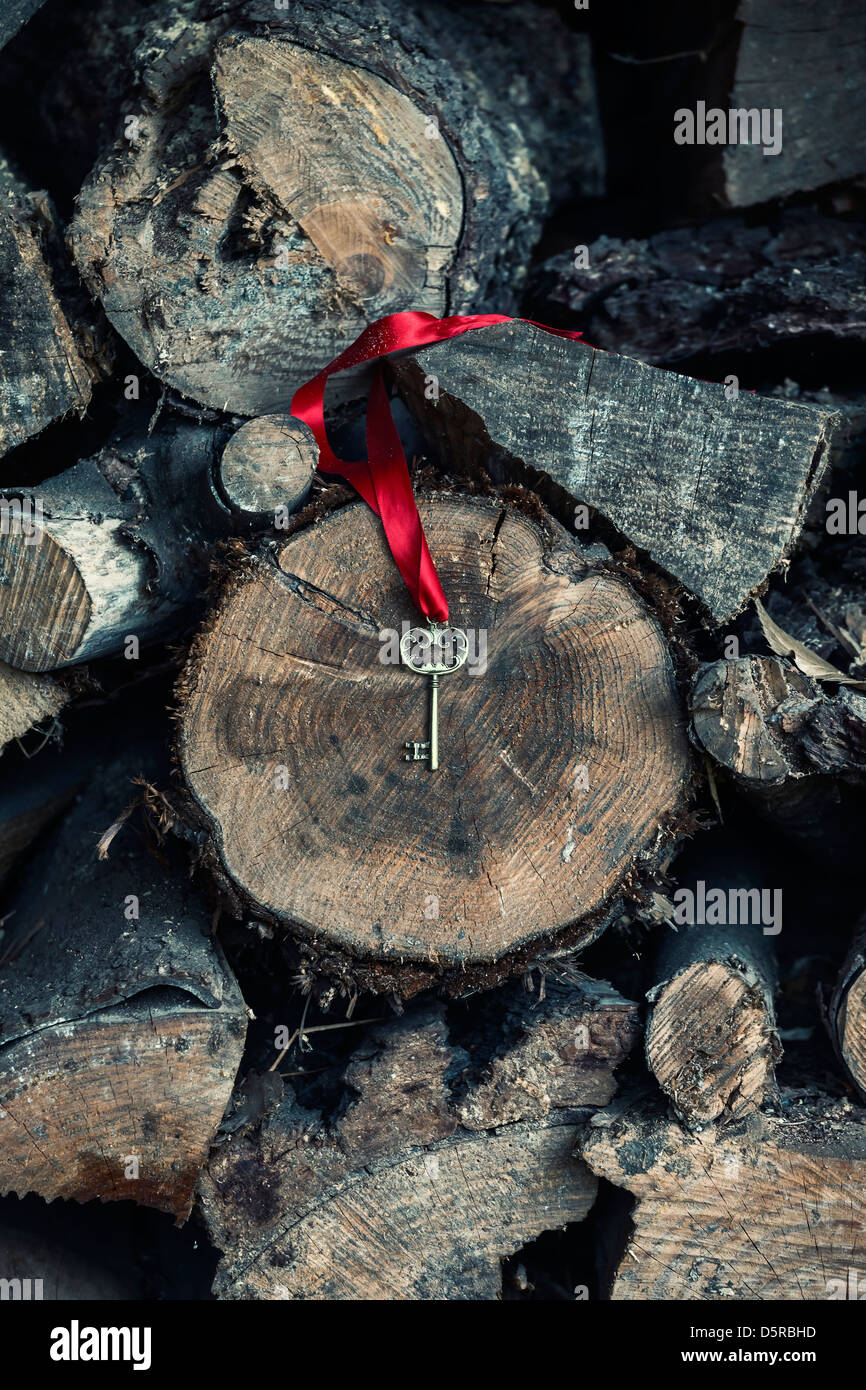 Una vecchia chiave con un nastro rosso giacente su legno Foto Stock