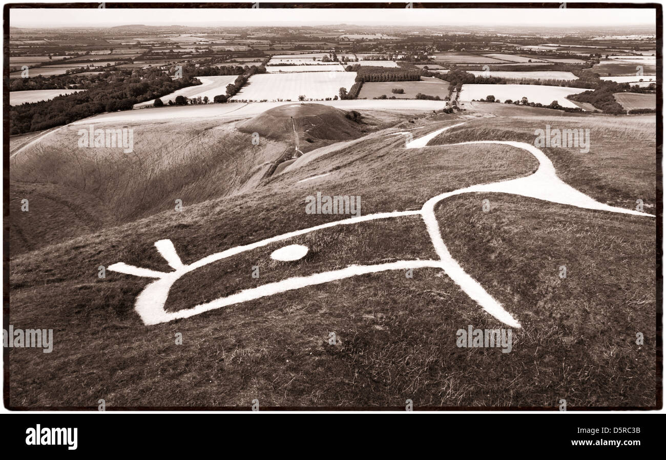 Il Uffington White Horse, un preistorico figura scolpita in gesso su una scarpata del Berkshire Downs affacciato sulla collina del drago di seguito. Foto Stock