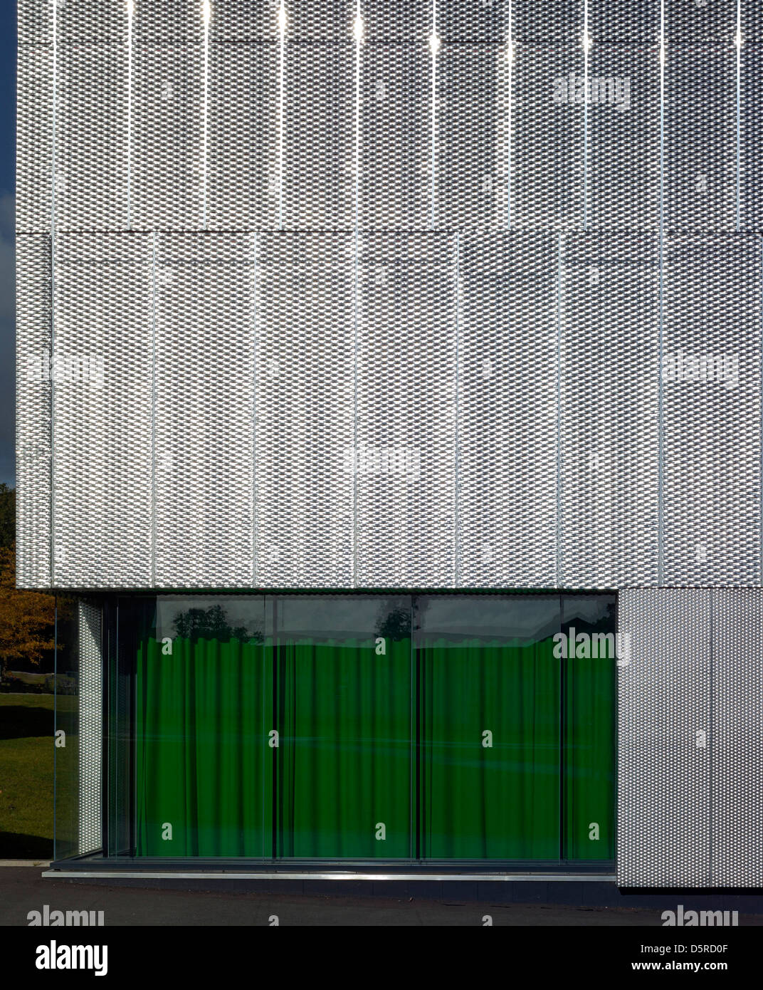 Pangbourne College, Pangbourne, Regno Unito. Architetto: Mitchell Workshop Taylor, 2012. Dettaglio della maglia in acciaio e rivestimento win Foto Stock